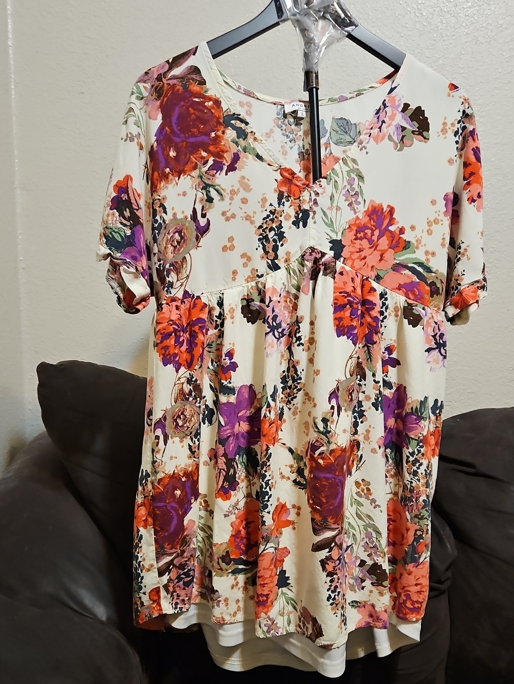 ANDREE BY UNIT Cream Floral Babydoll Top with Orange & Purple Blooms